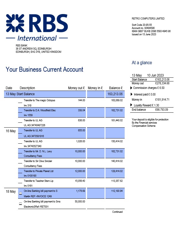 Modèle Word et PDF de relevé de compte courant d'entreprise de la RBS Bank